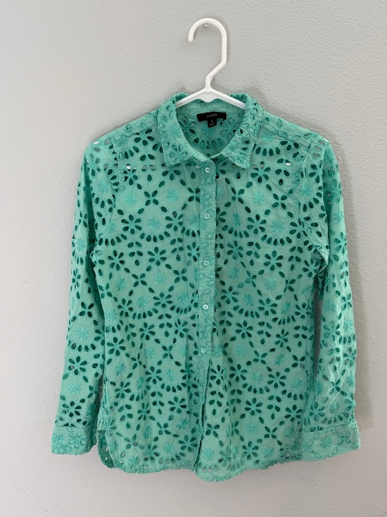 J. Crew Tops - J. Crew Women’s Mint Crochet Green Eyelet Button-Down Shirt- Size 6